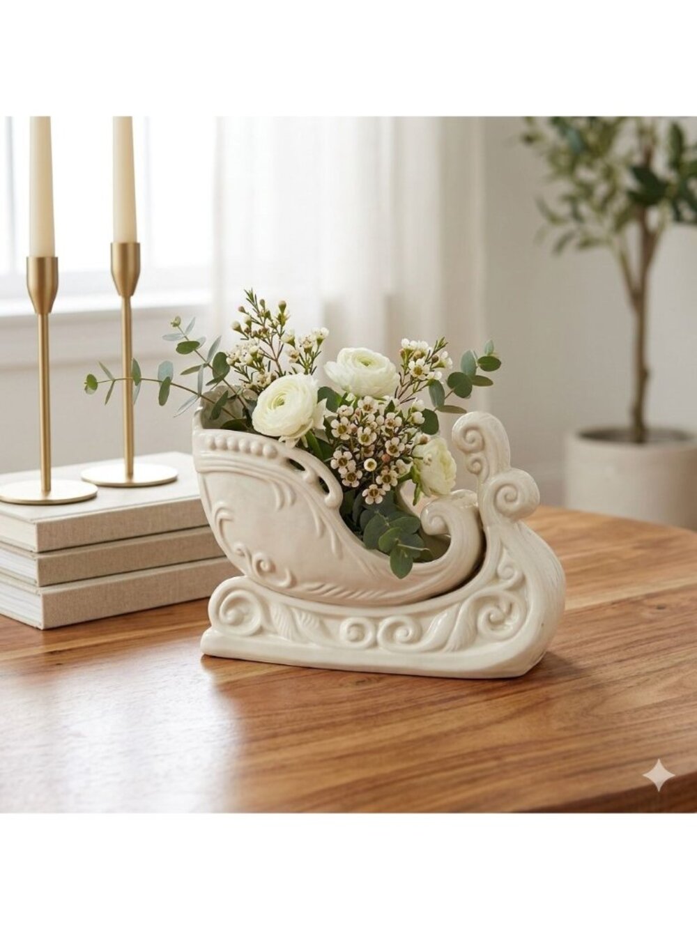 Vintage White Ceramic Sleigh Planter Christmas Candy Dish Centerpiece 9.5"
